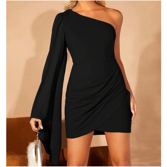 Luxe One Shoulder Flare Sleeve Mini Dress - Picture 5 of 9